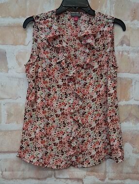 Vince Camuto Pink Floral Ruffle Sleeveless Blouse